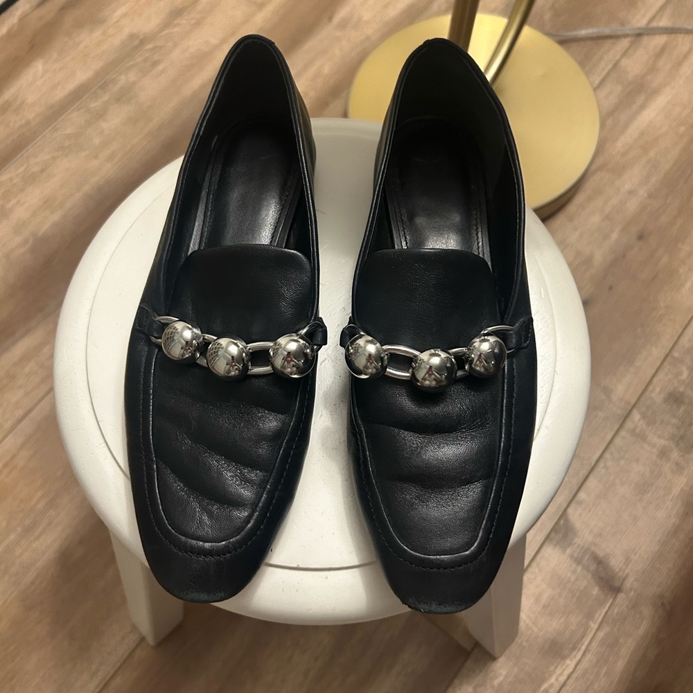 Marc Fisher LTD Black Soft Leather Loafers with Silver Chain Accent